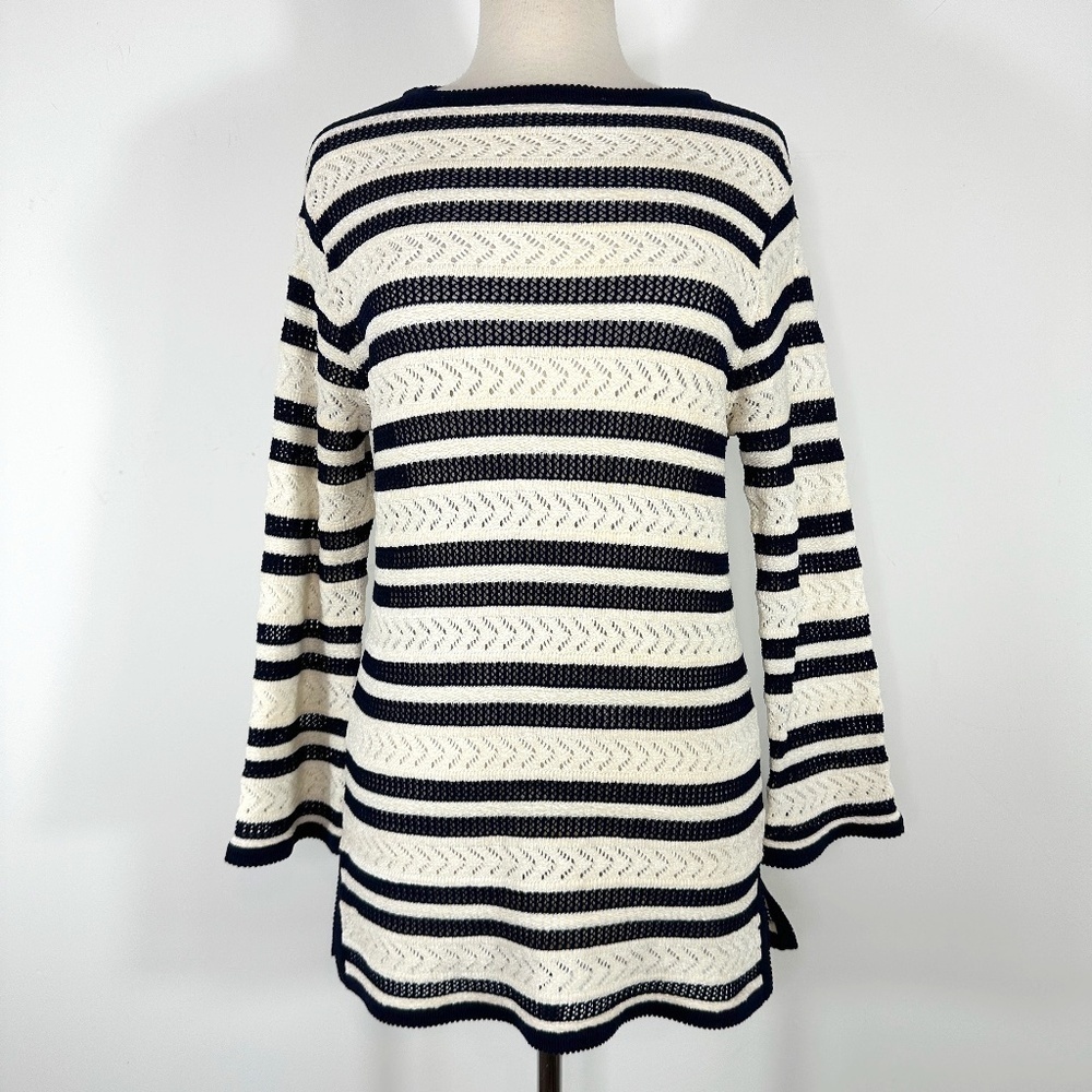 VTG St John Open Knit Sweater Top White Blue Crochet Women's Sz P